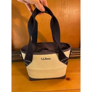 LL Bean Insulated Lunch Box Tote Bag Cream Navy Canvas Cooler Zip Top Pocket